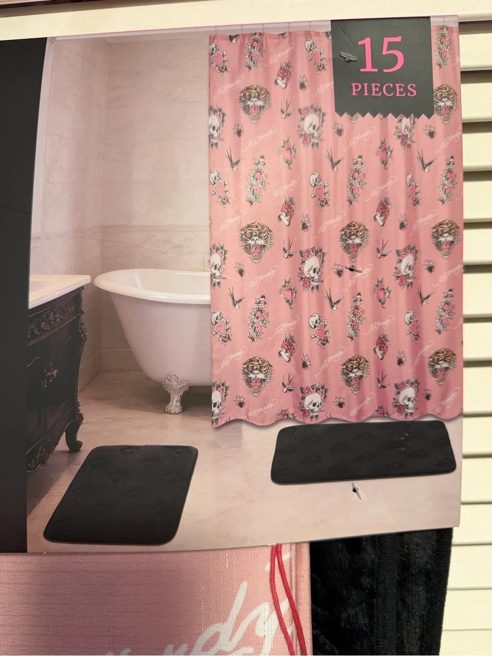 Ed Hardy Pink and Black Tattoo-Print 15-Piece Shower Curtain Set